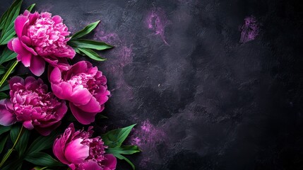 A vibrant arrangement of peony flowers on a dark textured background.
