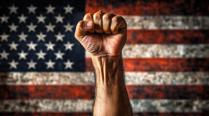 A man's fist against the background of the US flag as a symbol of protest, strike, demonstrations, struggle for rights, strength, victory, independence, fighting for a just cause and patriotism.