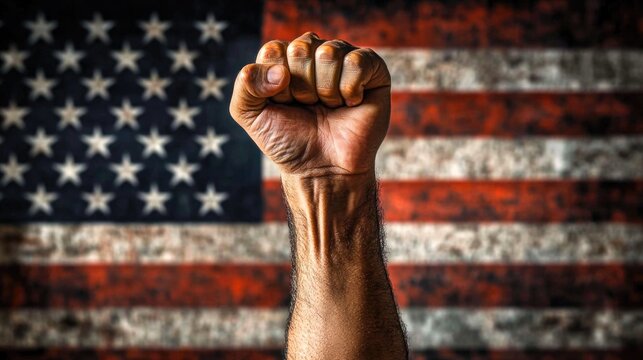 A man's fist against the background of the US flag as a symbol of protest, strike, demonstrations, struggle for rights, strength, victory, independence, fighting for a just cause and patriotism.