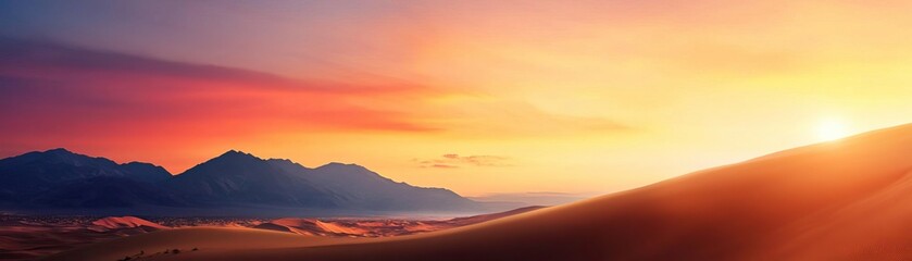 Fototapeta premium A breathtaking view of a serene sunset over mountain peaks, illuminating the vast desert landscape in warm hues.