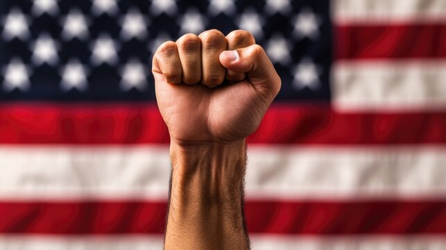 A man's fist against the background of the US flag as a symbol of protest, strike, demonstrations, struggle for rights, strength, victory, independence, fighting for a just cause and patriotism.