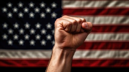 A man's fist against the background of the US flag as a symbol of protest, strike, demonstrations, struggle for rights, strength, victory, independence, fighting for a just cause and patriotism.