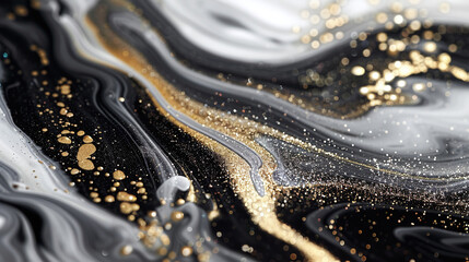 Acrylic Paint Spill with Marble Ink Texture and Golden Sand Particles in Fluid Mix Swirl