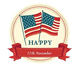 A vector design for an icon of the American flag with two flags inside, text "HAPPY 11th November", simple shapes, bold outlines, flat colors, circular shape, on a white background, 