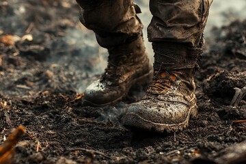 A close-up of muddy military boots standing firmly on wet, dark soil, showcasing resilience and ruggedness in an outdoor environment.