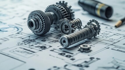 Mechanical gears and parts arranged on top of detailed engineering diagrams, showcasing the precision required in mechanical design.