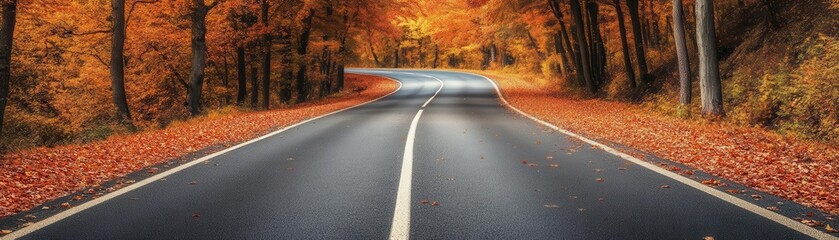 Naklejka premium Highway bordered by autumn trees with leaves falling, capturing the beauty of a seasonal journey, Autumn Highway, Fall Exploration