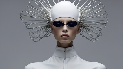 Contemporary fashion portrait featuring a model in unique headpiece