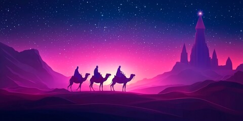Naklejka premium The Three Magic King of Orient riding camels , The Three Wise Men Illustration, Melchior, Caspar and Balthasar, Epiphany Celebration, christmas card wallpaper banner