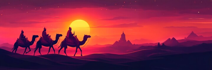 Fototapeta premium The Three Magic King of Orient riding camels , The Three Wise Men Illustration, Melchior, Caspar and Balthasar, Epiphany Celebration, christmas card wallpaper banner