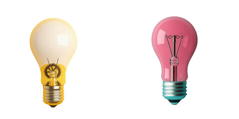 Bright idea concept, Two distinct light bulbs showcasing different designs, innovation, creativity, and lighting solutions. Isolated set on PNGs transparent background