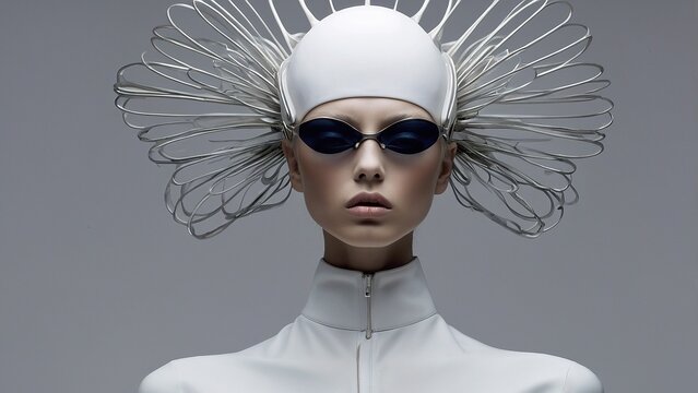 Contemporary fashion portrait featuring a model in unique headpiece