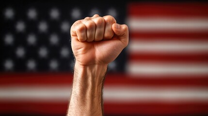 A man's fist against the background of the US flag as a symbol of protest, strike, demonstrations, struggle for rights, strength, victory, independence, fighting for a just cause and patriotism.