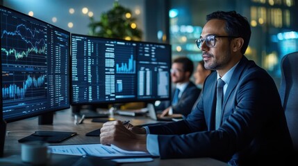 Virtual financial consultation session, advisor on a video call with multiple clients, digital charts and spreadsheets shared on screen, remote business consultation