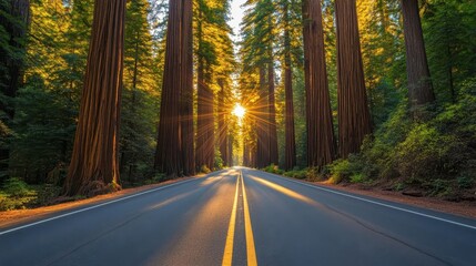 Obraz premium Sunlit highway flanked by towering redwoods, capturing the essence of a road trip through nature, Forest Highway, Nature Exploration