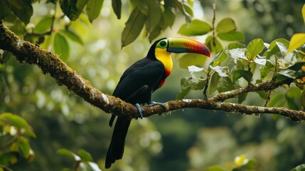 Keel-billed toucan roosts on branch in Costa Rica.