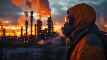 A figure in a gas mask stands against a dramatic industrial backdrop, capturing the essence of environmental awareness in a polluted world.
