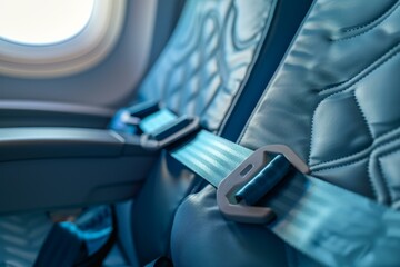 Empty seat in an airplane with a fastened seatbelt, suggesting safety during the flight