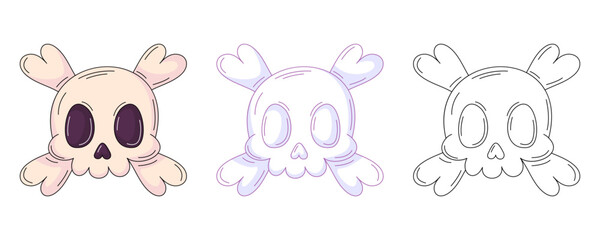 Skull and bones, colorful and line icons set. Traditional halloween spooky symbol. Vector flat icon, monochrome purple, color, outline illustration. For logo, sticker, coloring book, label, print