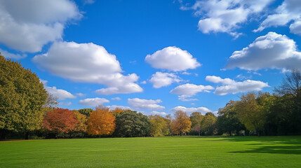 Fototapeta premium autumn colorful trees in the park with blue sky and white clouds
