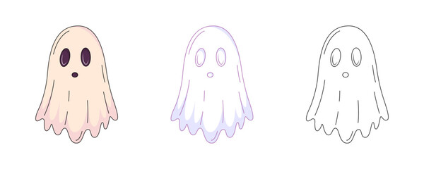 Halloween cute ghost, colorful and line icon set. Traditional holiday mystic symbol. Vector flat icon, monochrome purple, color, outline illustration. For logo, sticker, coloring book, label, print