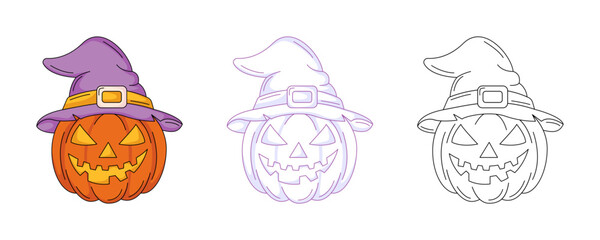 Halloween pumpkin in magic hat, colorful and line icon set. Traditional holiday decoration. Vector flat icon, monochrome purple, color, outline illustration. For logo, sticker, coloring book, label