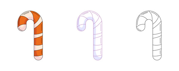 Candy cane, colorful and line icon set. Traditional halloween or christmas sweets. Vector flat icon, monochrome purple, color, outline illustration. For logo, sticker, coloring book, label, print