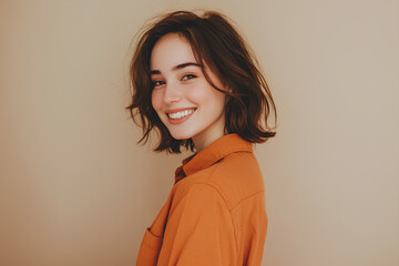 Side view of smiling young Caucasian woman wearing orange shirt looking at camera isolated on plain pastel beige studio background. Lifestyle concept