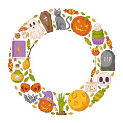 Halloween vector design, round frame with space for text in the middle. Geometric composition with spooky, scary icons. Flat illustration for greeting card, invitation, print, social media, poster