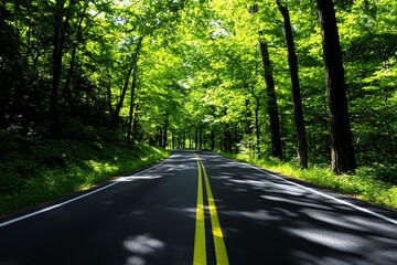 A narrow rural road weaving through a dense forest, with sunlight filtering through the canopy of leaves above