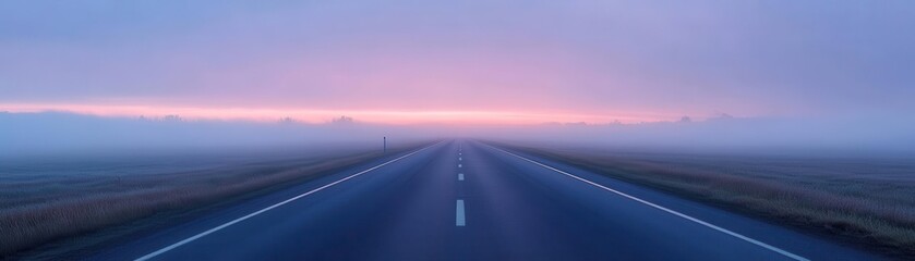 Empty highway stretching into a misty horizon at dawn, creating a sense of anticipation and mystery, Misty Highway, Morning Journey