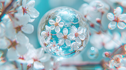 Scented Bubble with Floral Kaleidoscope and Defocused White Petals on Gel Texture