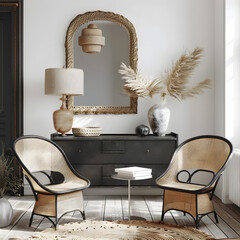 Stylish home living room interior with chairs and drawer, mockup frame. Generative Ai.