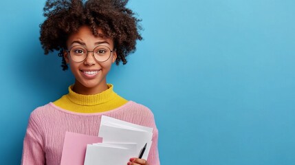 Obraz premium Blue wall frames her exam prep.