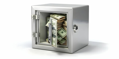 3D Floating Safe Box with Dollar Bills | Financial Security Savings and Profits Icon on White Background