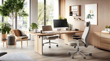 Fototapeta premium Modern Office Interior with Desk, Chairs, and Plants.