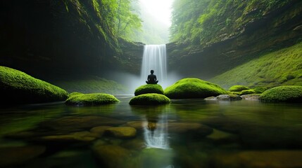 A serene individual meditating by a tranquil waterfall surrounded by lush greenery and moss-covered rocks, promoting inner peace.
