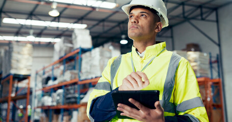 Thinking, tablet and supply chain with man in warehouse for logistics, freight or shipping. Export, delivery or cargo storage with digital checklist for customs compliance in inventory management