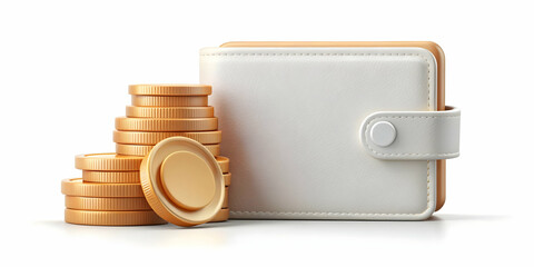 3D Levitating Wallet with Coins Concept - Sleek Modern Icon Isolated on White Background, Emphasizing Spending and Savings in Clean Vector Design