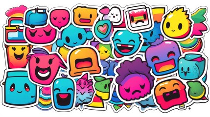 Fototapeta premium A vibrant collage of playful, cartoonish characters and icons with various expressions and colors, ideal for stickers or digital art.