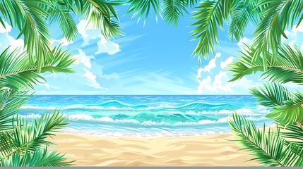 Fototapeta premium Beautiful tropical beach with palm leaves, soft sand, and turquoise waters. Ideal for travel, vacation, and exotic destination backgrounds.