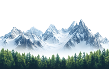 Panoramic Mountains with snow and forest isolated on transparent or white background, png