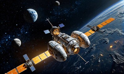 Advanced Space Station Orbiting the Moon In Galaxy