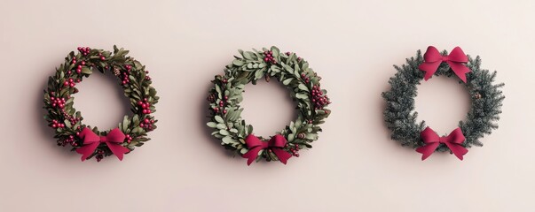 Beautiful decorative wreaths with red bows and seasonal greenery, perfect for holiday decor and festive celebrations.