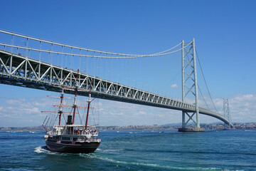 晴天の海にかかる巨大な吊橋と帆船