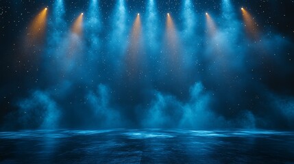 Stage lights in the shape of celestial bodies, starry night backdrop, cool blue tones, serene and mystical mood, realistic