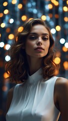 Fototapeta premium Elegant woman against a backdrop of shimmering lights during a stylish evening event