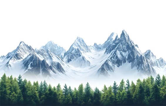 Panoramic Mountains with snow and forest isolated on transparent or white background, png