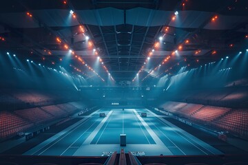 Exciting gymnastics competition takes place at the downtown sports arena under bright lights in early evening