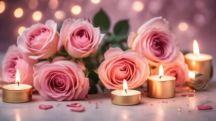 Concept Valentine's Day wallpapers with pink roses is surrounded by candles.